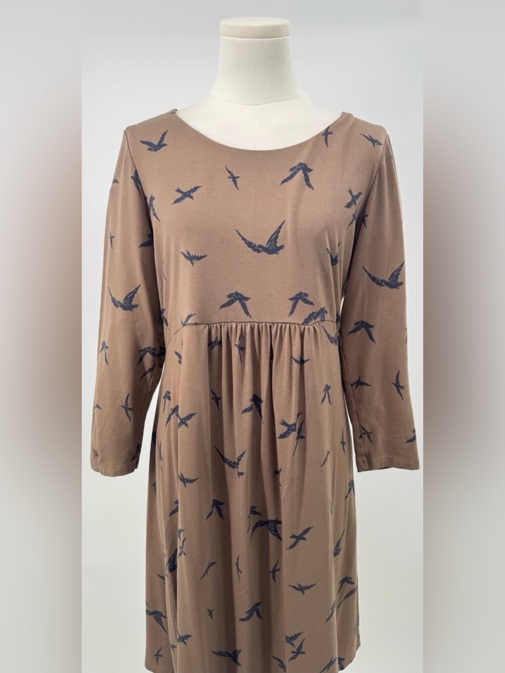 Boden Bird Stretch Dress Jersey Knit Mocha Brown Black Long Sleeve 14